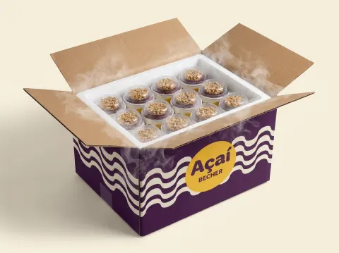 Geöffnete Isolierbox mit 12 Açaí Bechern und etwas Trockeneisnebel