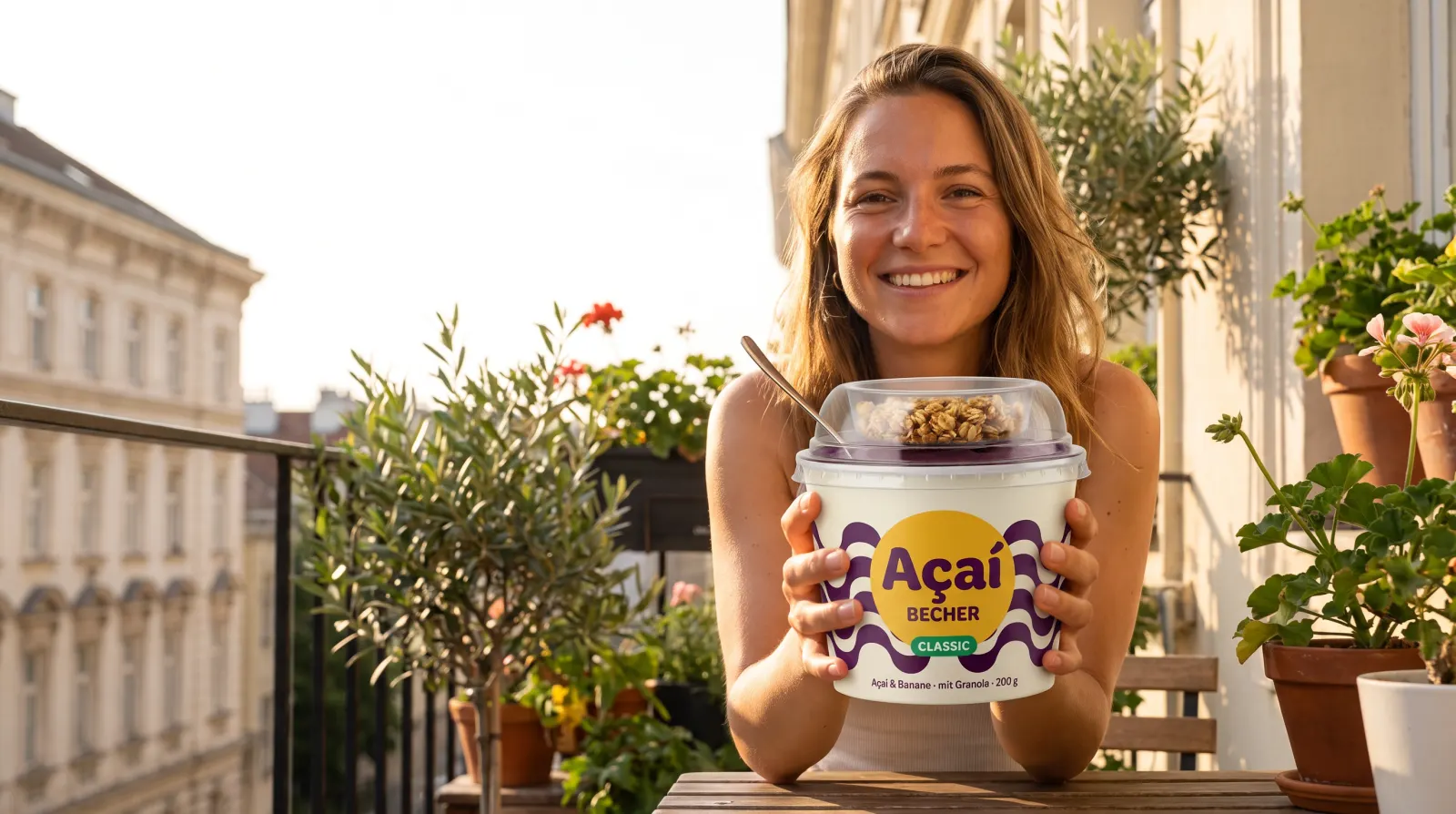 Frau sitzt lächelnd auf einem sonnigen Altbau-Balkon und hält einen Açaí Becher mit Granola im Deckel