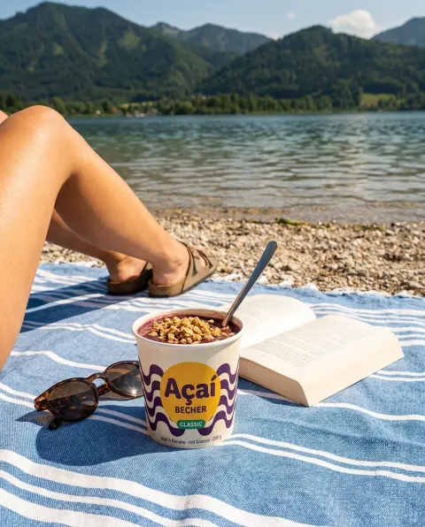 Geöffneter Açaí Becher auf einem gestreiften Handtuch am Seeufer mit Bergen