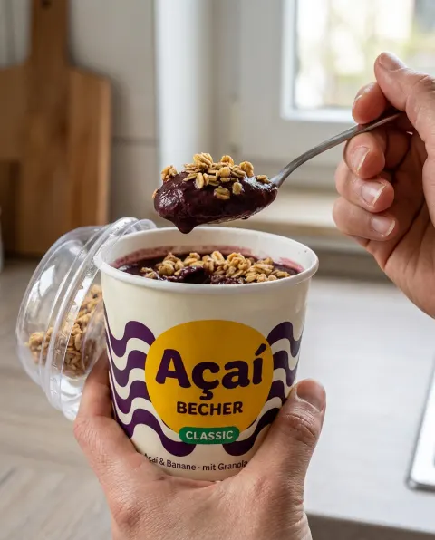 Hand hält einen Açaí Becher, die andere hebt einen Löffel Açaí mit Granola heraus