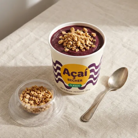 Geöffneter Açaí Becher mit Granola, daneben Granola-Deckel und Löffel auf Leinen