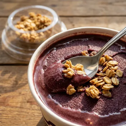 Nahaufnahme: Açaí wird am Becherrand cremig, Löffel und Granola obendrauf