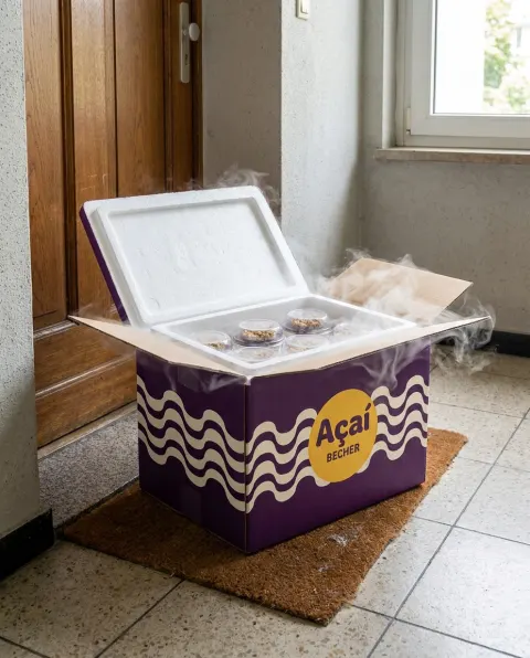 Geöffnete lila Isolierbox mit Trockeneisnebel auf der Fußmatte vor einer Wohnungstür