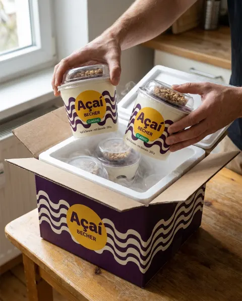 Hände heben zwei Açaí Becher aus der geöffneten Isolierbox